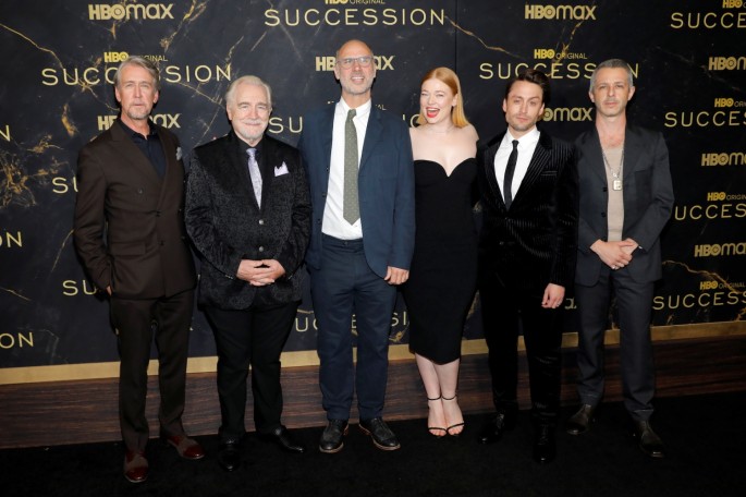 Alan Ruck, Brian Cox, Jesse Armstrong, Sarah Snook, Kieran Culkin and Jeremy Strong poses while attending the premiere of the third season of "Succession" in Manhattan, New York, U.S., 