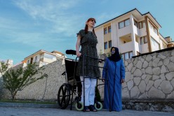 World's tallest woman Rumeysa Gelgi poses with her mother Safiye Gelgi during a news conference outside their home in Safranbolu, Karabuk province, Turkey,