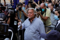 Former White House Chief Strategist Steve Bannon exits the Manhattan Federal Court, following his arraignment hearing for conspiracy to commit wire fraud and conspiracy to commit money laundering, in the Manhattan borough of New York City, New York, U.S