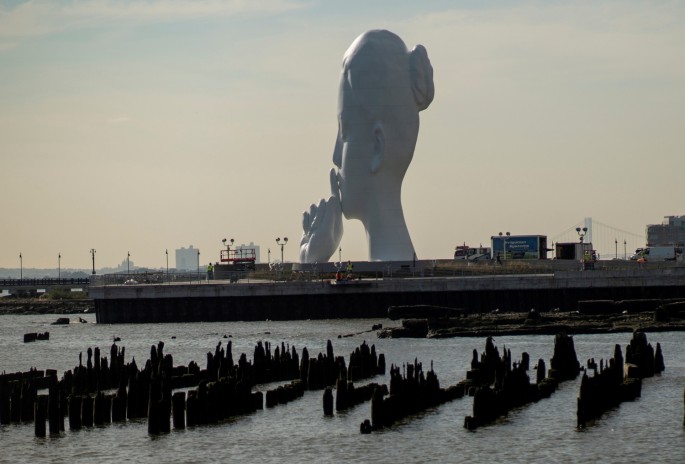 The statue "Water's Soul" by the artist Jaume Plensa is seen in Jersey City, New Jersey,