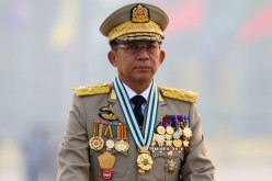 Myanmar's junta chief Senior General Min Aung Hlaing, who ousted the elected government in a coup on February 1, presides at an army parade on Armed Forces Day in Naypyitaw, Myanmar,
