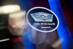 The Pentagon logo is seen behind the podium in the briefing room at the Pentagon in Arlington, Virginia, U.S.,