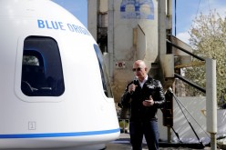 Amazon and Blue Origin founder Jeff Bezos addresses the media about the New Shepard rocket booster and Crew Capsule mockup at the 33rd Space Symposium in Colorado Springs, Colorado, United States 