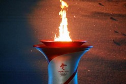 The Olympic flame burns in a cauldron at the ceremony to welcome the flame for the Beijing 2022 Winter Olympics, in Beijing, China