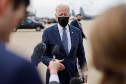 U.S. President Joe Biden speaks to reporters before departing for Newark, New Jersey from the Delaware Air National Guard Base, New Castle, Delaware, U.S.