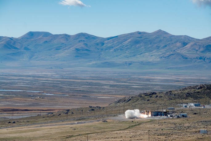 The US Navy, in collaboration with the US Army, conducts a static fire test of the first stage of the newly developed 34.5" common hypersonic missile that will be fielded by both services, in Promontory, Utah, U.S., in this handout image taken on