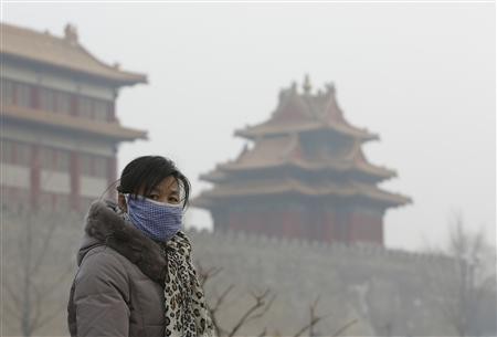 A visitor wears a mask outside the Forbidden City due to heavy air pollution. 