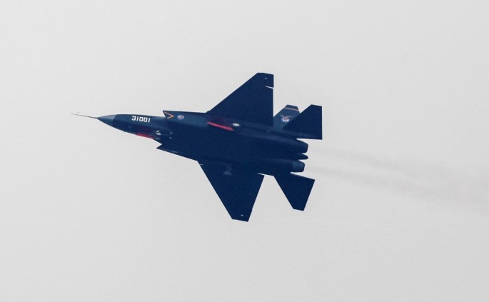 A J-31 stealth fighter of the People's Liberation Army in the middle of its test run in Guangdong Province. 