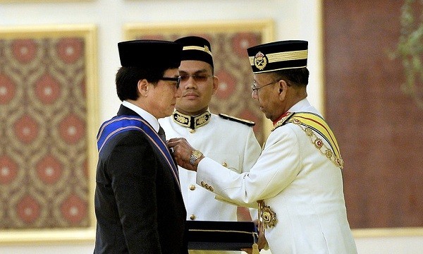 Malaysia's Head of State confers Jackie Chan as "Datuk" on Federal Territories Day.