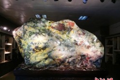 An 18-ton chicken-blood stone showcased in Guilin.