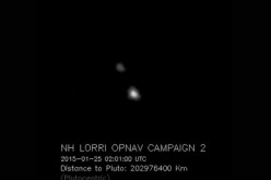 Pluto (bright blob) and Charon as seen from New Horizons