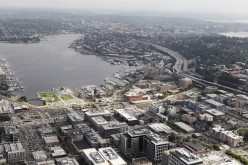 Aerial view in the South Lake Union neighborhood of Seattle, Washington, as seen from a helicopter, Aug. 21, 2012.