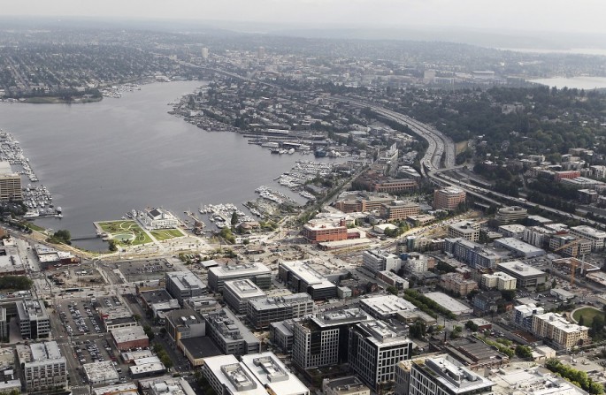Aerial view in the South Lake Union neighborhood of Seattle, Washington, as seen from a helicopter, Aug. 21, 2012.