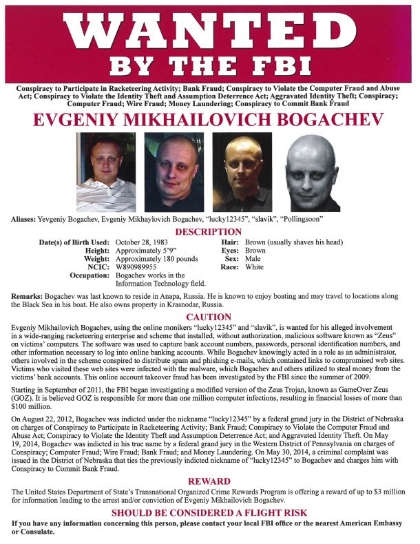 Russian national Evengiy Bogachev's FBI Most Wanted poster