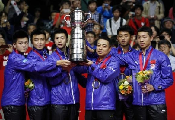 China's world champion men's table tennis team at the 2014 World Team Table Tennis Championships in Tokyo, Japan.