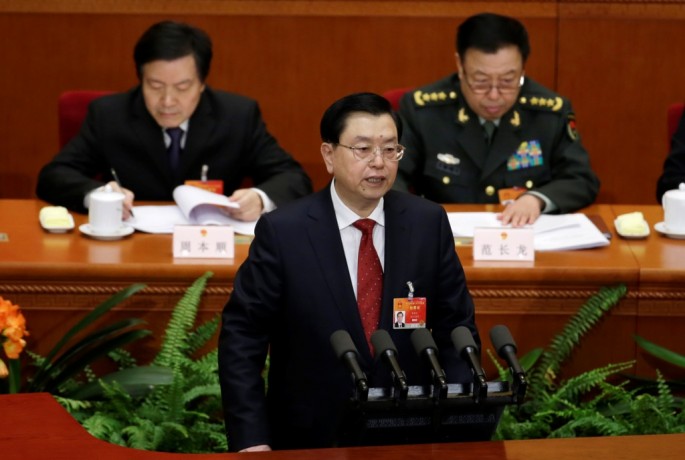 NPC Standing Committee Chairman Zhang Dejiang speaks during the second plenary session at the National People's Congress in Beijing on March 8.