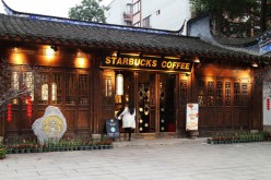 Front of the traditionally designed Starbucks coffee shop at the foot of Wu Mountain in Fuzhou.