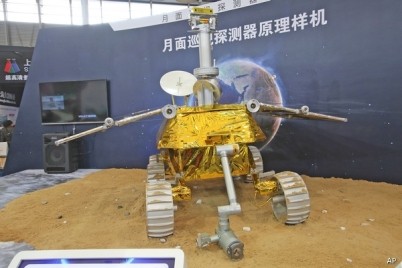 A prototype of Yutu, China's lunar rover, on display before its launching in 2013. 