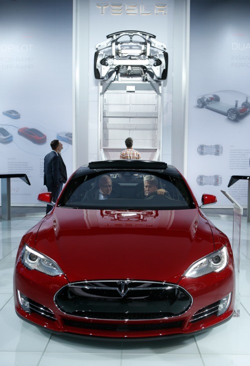 A Tesla S electric car on display at the North American International Auto Show held in Detroit, Michigan.