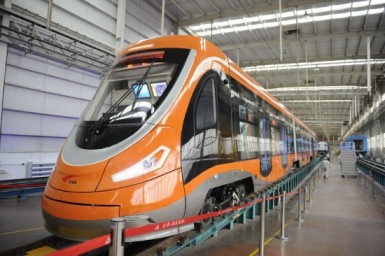 A newly manufactured tram powered by hydrogen fuel cells is presented at Qingdao. 