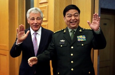 Chinese Defense Minister Chang Wanquan with U.S. Defense Secretary Chuck Hagel during a meeting at the Chinese Defense Ministry headquarters in Beijing, April 2014.