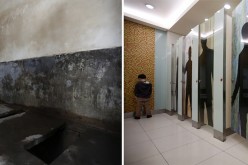 A combination photograph shows (L) a public toilet in a half-demolished old town and (R) a boy using a toilet inside a department store at a shopping district in Beijing.