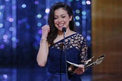 Tatiana Maslany accepts the award for best actress in a TV drama for her role in 