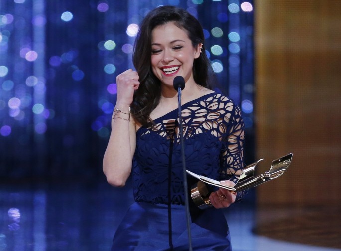 Tatiana Maslany accepts the award for best actress in a TV drama for her role in "Orphan Black" at the 2015 Canadian Screen Awards in Toronto, March 1, 2015. 