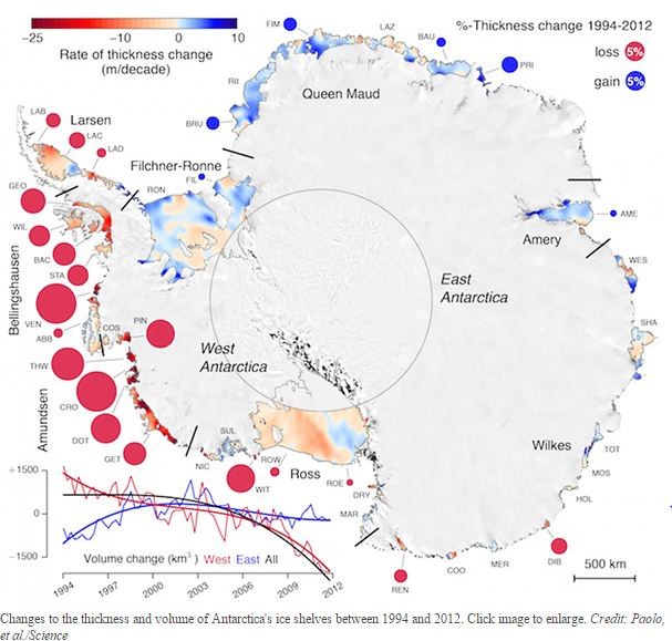 Map showing accelerating melt of Antarctic ice shelves