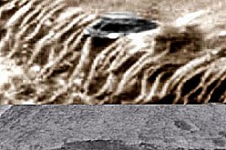 (Top) A false color enhancement of an alleged UFO half-buried on Mars and the wreckage of a second UFO (below).