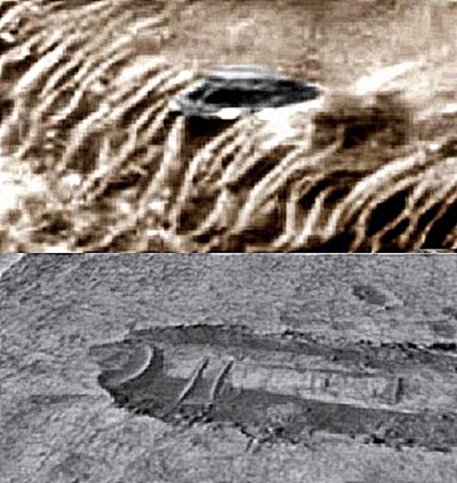 (Top) A false color enhancement of an alleged UFO half-buried on Mars and the wreckage of a second UFO (below).