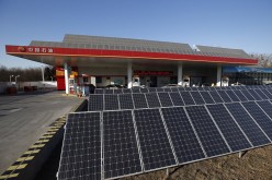 Solar panels are seen at PetroChina's solar-powered Yizhuang gas station in Beijing, Jan. 9, 2015.