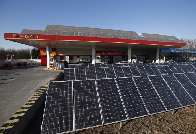 Solar panels are seen at PetroChina's solar-powered Yizhuang gas station in Beijing, Jan. 9, 2015.