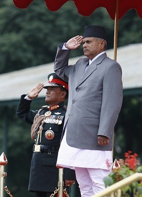 Nepali President Ram Baran Yadav salutes the Army during a ceremony in Kathmandu in 2008.