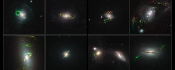 The ethereal wisps in these images were illuminated, perhaps briefly, by a blast of radiation from a quasar — a very luminous and compact region that surrounds a supermassive black hole at the centre of a galaxy.