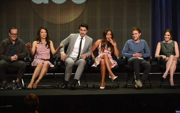 From L-R: Cast members Clark Gregg, Ming-Na Wen, Brett Dalton, Chloe Bennet, Iain De Caestecker and Elizabeth Henstridge participate in a panel for "Marvel's Agents of S.H.I.E.L.D." during the Disney ABC Television Group sessions at the Television Critics