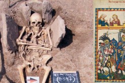 Bones of a medieval Norman knight and a print of a 14th century French tournament.