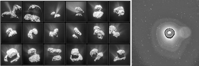 Montage of photos showing Comet 67P (left) and the comet's coma as seen with the OSIRIS wide-angle camera (right).