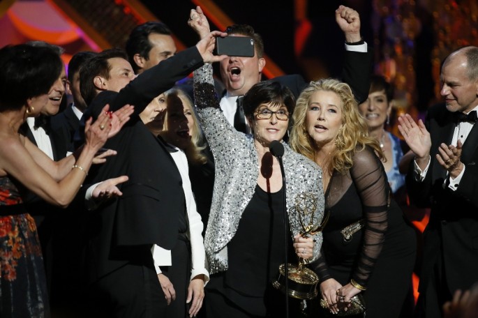 The cast of  "The Young and the Restless" accepts the award for Outstanding Drama Series in a tie with "Days of Our Lives" at the 42nd Annual Daytime Emmy Awards in Burbank, California April 26, 2015.  
