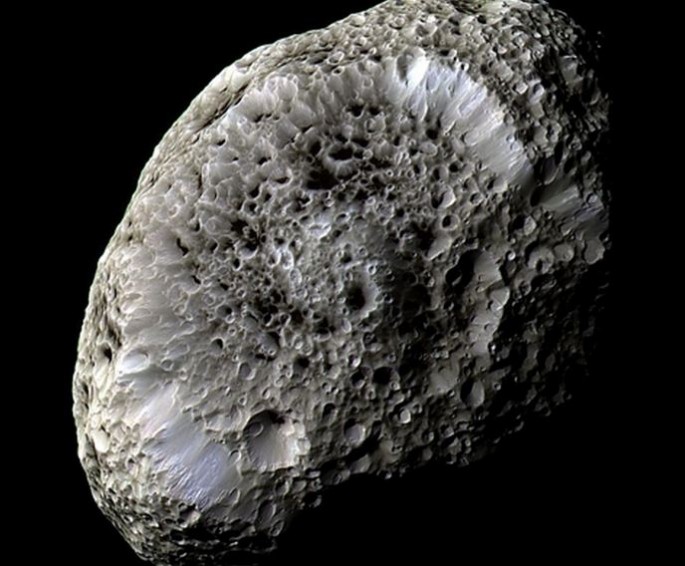 Enhanced image of Hyperion, the sponge-like moon of Saturn