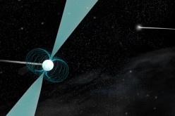 Artist's impression of pulsar PSR J1930-1852 shown in orbit around a companion neutron star. Discovered by a team of high school students, this pulsar has the widest orbit ever observed around another neutron star. 