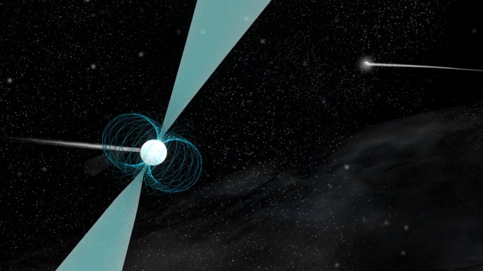 Artist's impression of pulsar PSR J1930-1852 shown in orbit around a companion neutron star. Discovered by a team of high school students, this pulsar has the widest orbit ever observed around another neutron star. 