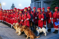 Members of Chinese International Search and Rescue Team and their rescue dogs line up before boarding a charted plane to Kathmandu.