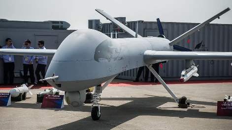 The Wing Loong, a Chinese-made unmanned drone, is displayed in a hangar.