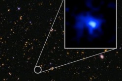 The inset image of the farthest confirmed galaxy observed to date has been colored blue as suggestive of its young stars. 