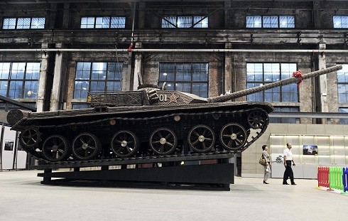 A full-scale replica of a ZTZ-99 tank, a main battle tank of Chinese People's Liberation Army (PLA) in an industrial exhibition in Shenyang, Liaoning Province.