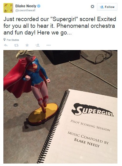Blake Neely announces on Twitter the progress on the "Supergirl" score.
