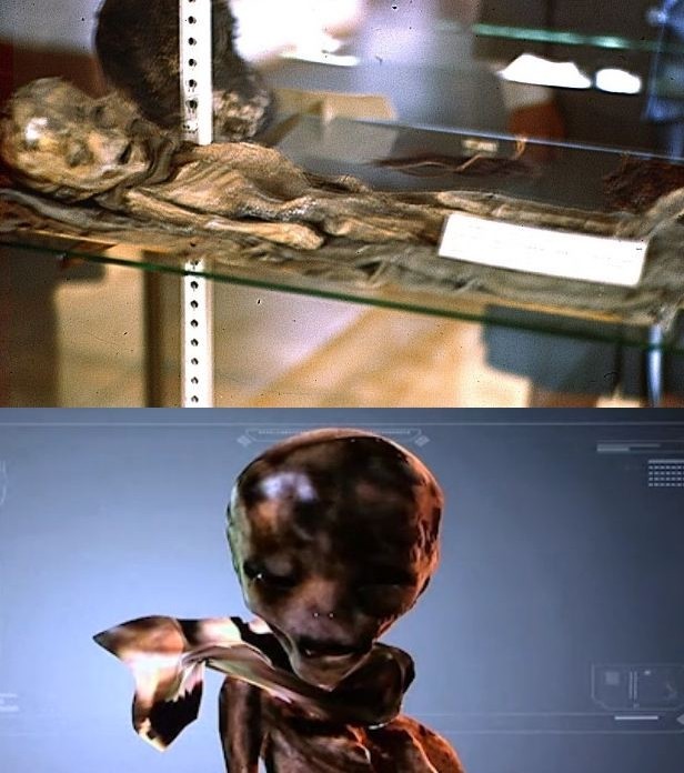 Alleged dead alien at Roswell and a reconstruction of its face.