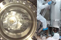 The force sensor is placed in the middle of an ultra-high vacuum chamber. (Right) Researchers work on Cannex.