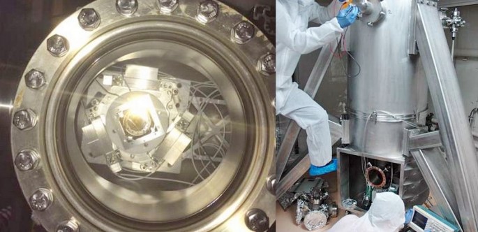 The force sensor is placed in the middle of an ultra-high vacuum chamber. (Right) Researchers work on Cannex.